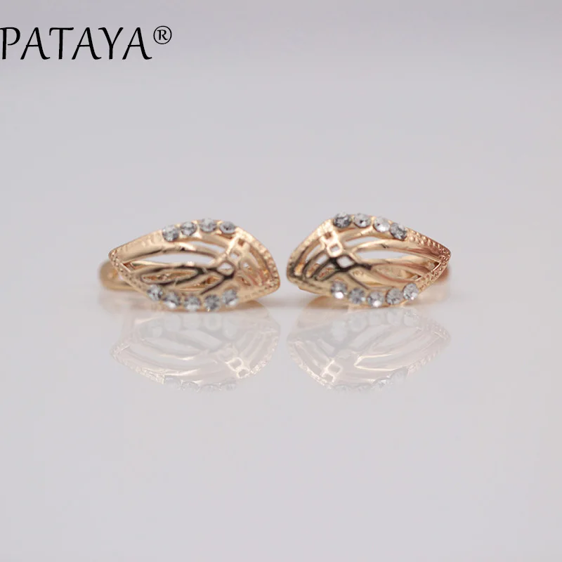 PATAYA, Новое поступление, мода 585, розовое золото, полый лист, висячие серьги для женщин, простые красивые дуговые белые круглые стразы, ювелирные изделия