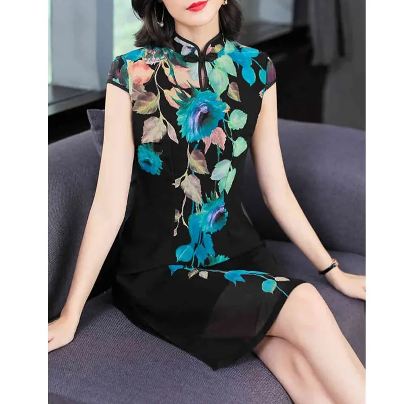 Новый китайский стиль лето вышитые Cheongsam средней длины для похудения Кружева Vestido