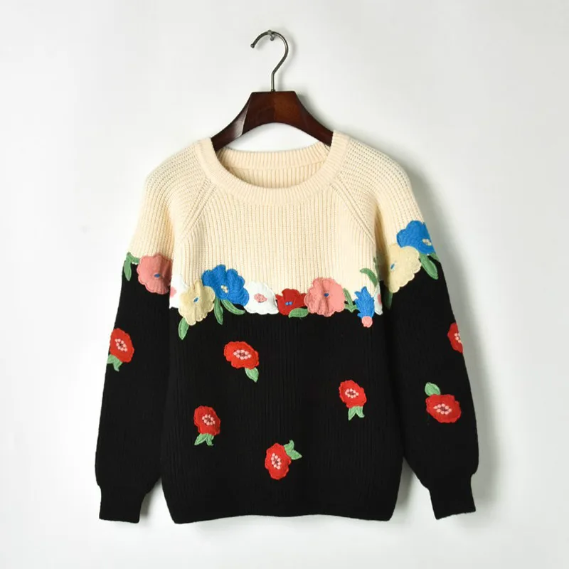 

Runway Women Sweaters 2018 Autumn Winter Embroidery Florals Female Patchwork Thick Pullover Knitted Top Boutique Casual Jumper