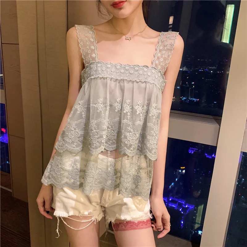 

Summer 2019 Women Sleeveless Lace Tees Tops Sexy Embroidery Hollow-out Floral Crochet Shirt Tees Elegant Female Beach Vest Tops