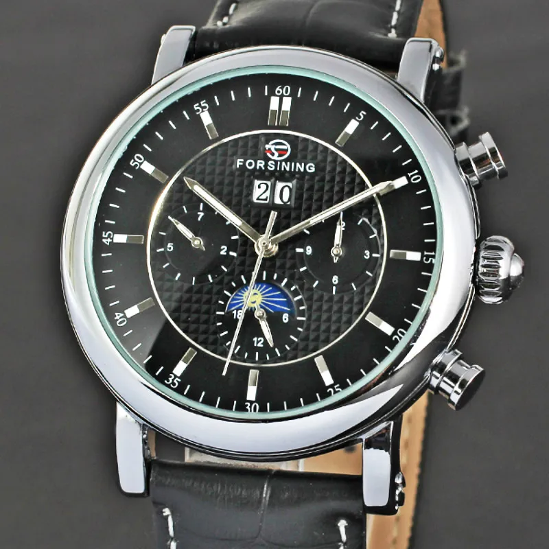 FORSINING Moon Phase механические часы из натуральной кожи ремешок мужские Топ бренд