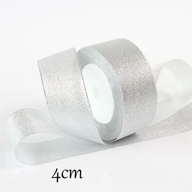 width 4cm 25 ярдов/рулон Золото Серебро шелковая атласная лента для рукоделия Свадебные Декоративные DIY органзы ленты лук Рождественский подарок поставки - Цвет: width 4cm