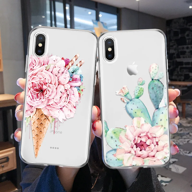 Чехол для телефона кактус фламинго iPhone 7 8 Plus 5 5S SE 2020 6 мягкий TPU цветочный чехол 12