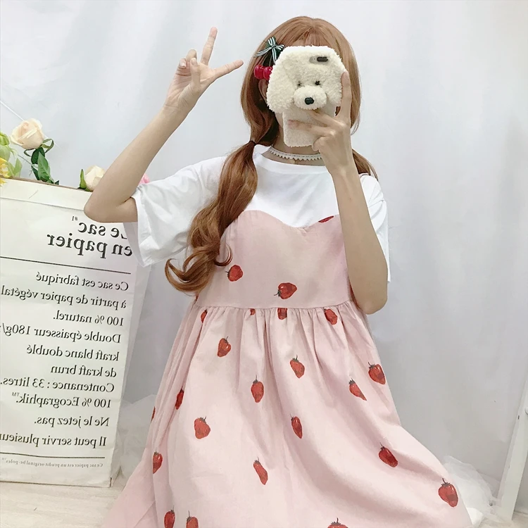 Милое милое платье с принтом клубники и высокой талией женские милые платья Kawaii шикарные женские милые Harajuku одежда в стиле панк для женщин