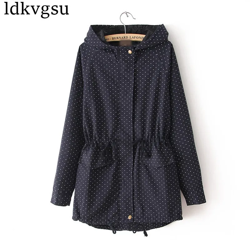 

2023 Spring Autumn Trench Coats Womens Clothing Cute Polka Dots Hooded Drawstring Windbreaker Girls Outerwear V329