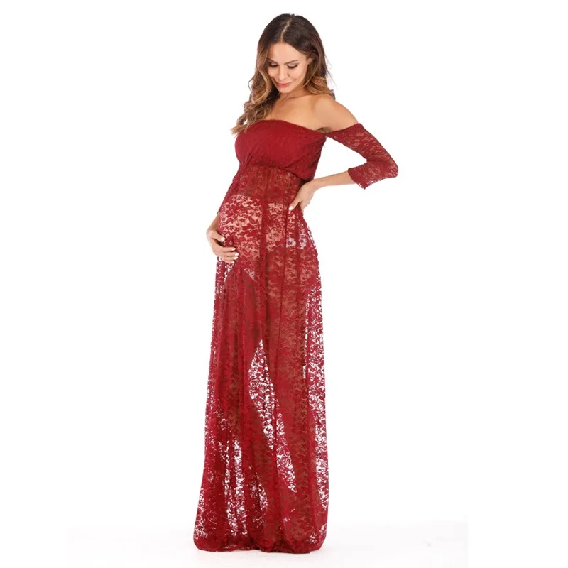 Red Dress VOGUEON длина до пола платья для беременных для женщин кружево для беременных реквизит для фотосъемки лето с открытыми плечами для душа для малышей Макси вечернее платье - Цвет: Red Dress