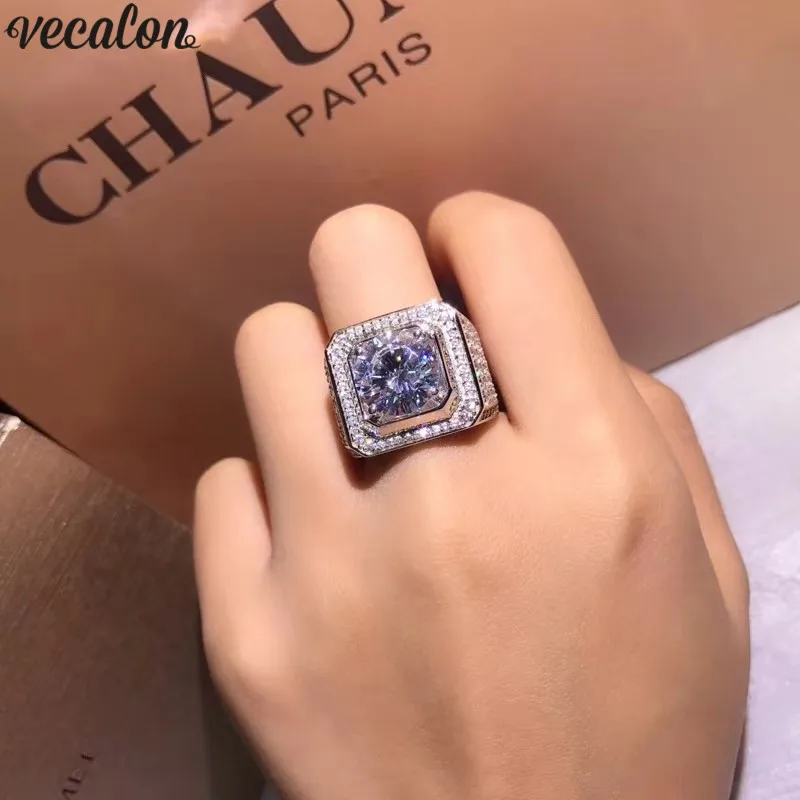 Роскошное мужское кольцо Vecalon с фианитом 3ct AAAAA 925 пробы серебряные обручальные