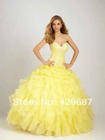 Elegant Strapless Ball Gown Embroidery Lace-up Prom Floor Length Party Custom Made Yellow Organza Quinceanera Dress DL1309925 | Свадьбы и