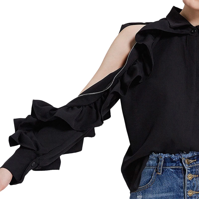 HYH HAOYIHUI Brand Women Black Sweet Shirts Cold Shoulder Butterfly Sleeve Zipper Buttons Female Casual Blouses Sexy Lady |