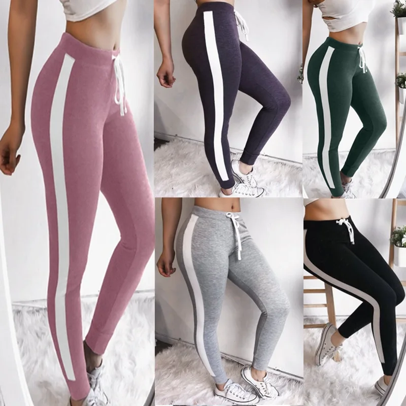 

Women Pants Tight Slimming Stitching Color Drawstring Mid Waist Full Length Casual Straight Striped Pants Cotton Fashion Pant