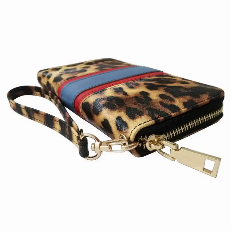 KANDRA Personalized Leopard Patchwork Long Wallet for Women with Removable Wristlet Strap Animal Print Zipper Purse Card Holder