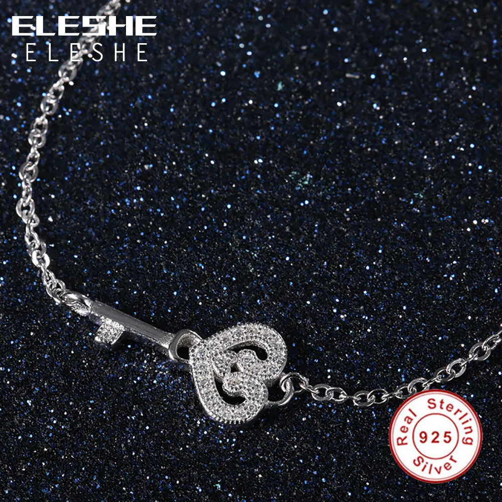 

ELESHE 925 Sterling Silver Bracelet with Crystal Key Of Love Heart Shape Charm Bracelets for Women Jewelry Valentine's Day Gift