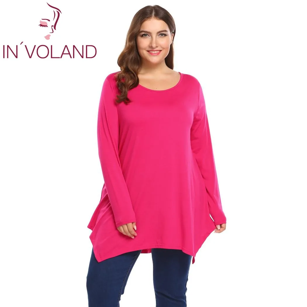 IN'VOLAND женские топы футболки Плюс Размер осень длинный рукав Твердые