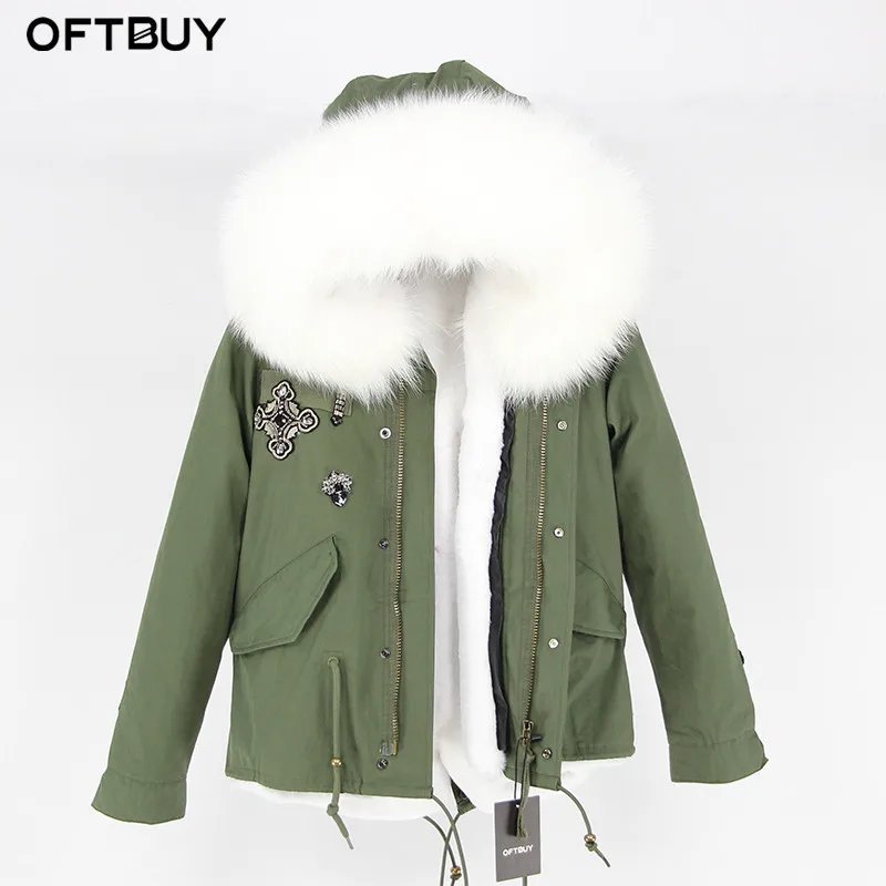 OFTBUY парка с вышивкой бриллиантами цвета хаки, зеленая зимняя куртка, пальто, женские парки, пальто с натуральным мехом енота, воротник теплый - Цвет: 17