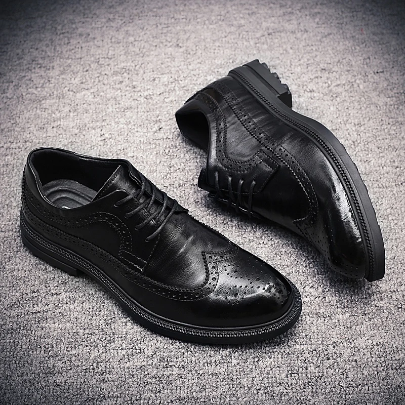 

YEINSHAARS Men Dress Shoes Genuine Leather Office Business Wedding Handmade Brogue Formal Pointed Toe Oxfords Mens Shoes