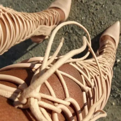 

Drop Shipping Summer Women Black Nude Solid Color Pointed Toe Cross Lace Up Cuts Out Over The Knee Sexy Long Boots Rome Boots