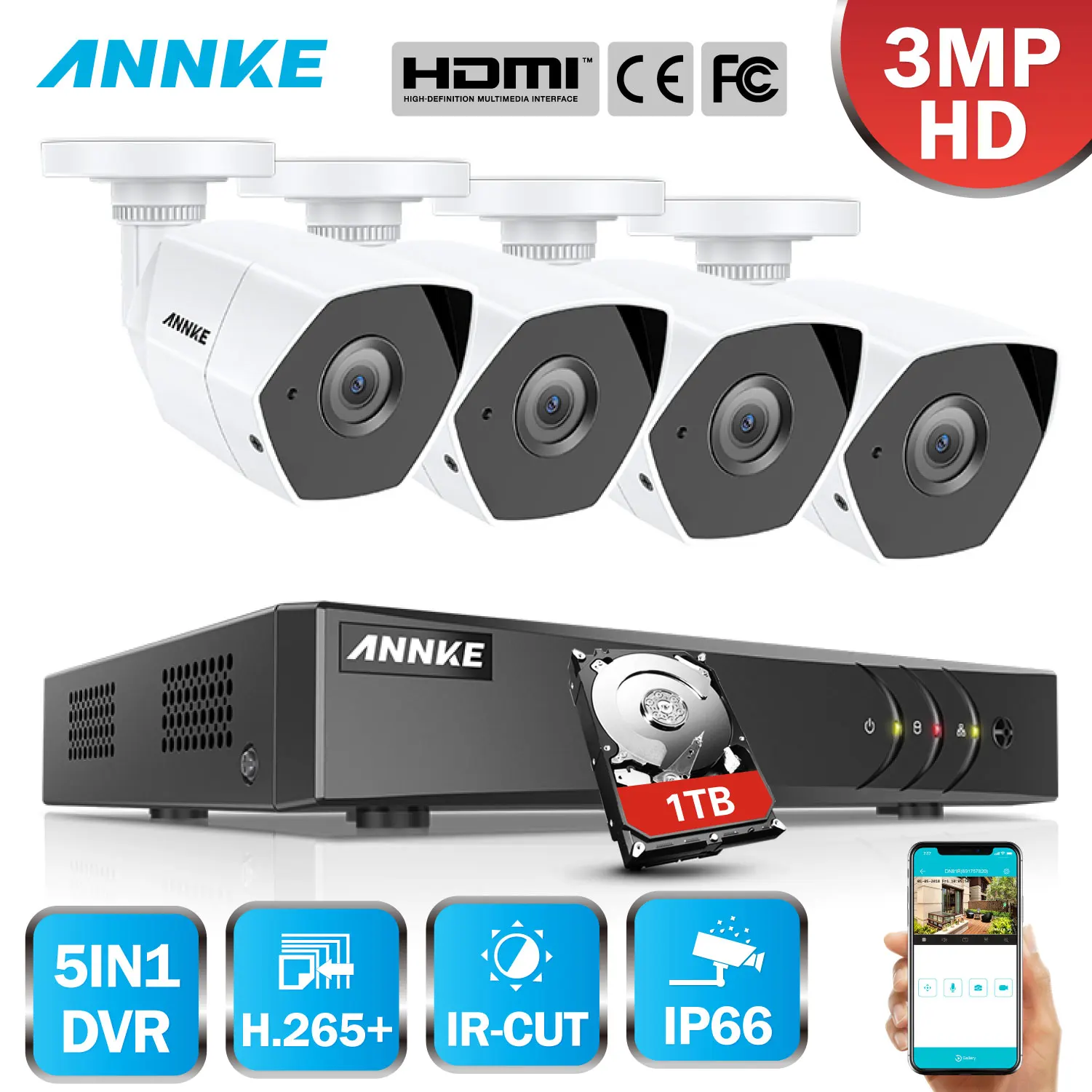 Система наружного видеонаблюдения ANNKE Full HD 4CH AHD 3MP 4 канала 1920*1536|cctv system kit|cctv