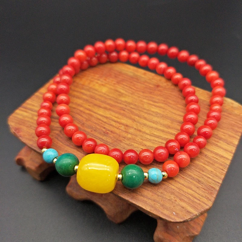 Shuangsheng 2019 new 5mm red coral 2 layer bracelet Natural stone and yellow natural beaded bohemian ethnic style religion |