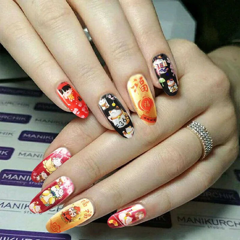 Chinese new year style adhesive nail sticker decals ultra thin 3d nail art decorations stickers manicure nails supplies tool