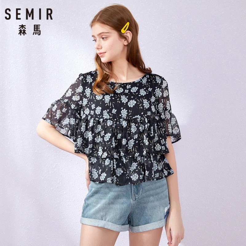 Женская блузка с коротким рукавом SEMIR короткая шифоновая круглым вырезом и