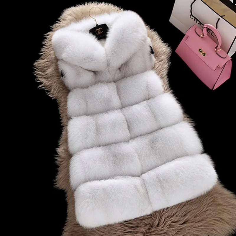 Зимнее пальто 2016 Женское из искусственного Меха чернобурки жилет с капюшоном