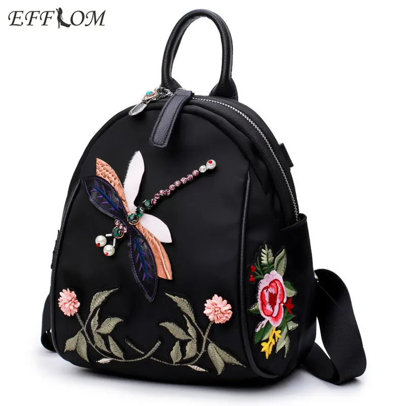 Chinese Ethnic Vintage Backpack Retro Flower Dragonfly Embroidery Cloth Backpacks Women Black Fashion Rucksack Travel Daypack|travel daypack|cloth