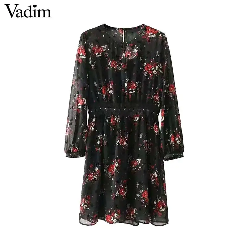 Vadim women vintage floral chiffon dress lace patchwork o neck long sleeve retro ladies casual brand chic mini dresses QZ3480 | Женская