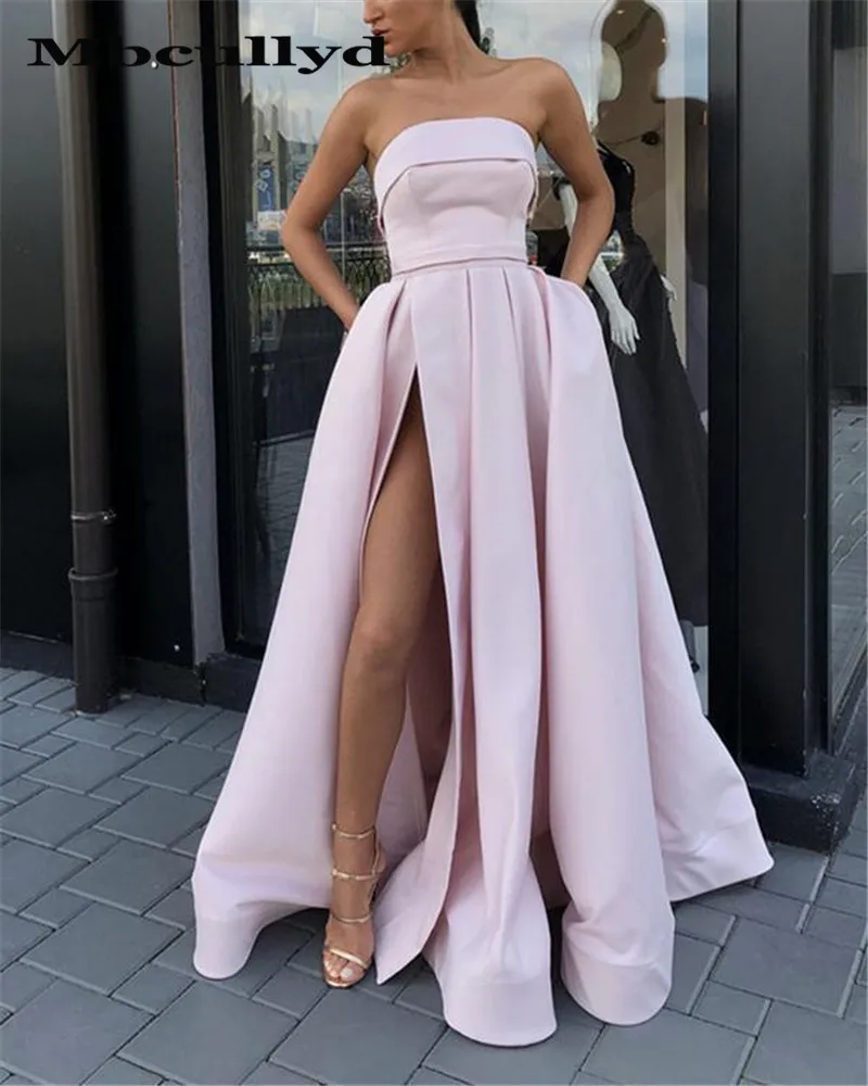 

Mbcullyd Sleeveless A Line Prom Dresses 2023 With Pockets Long Split Evening Dress For Women Satin vestidos de fiesta de noche
