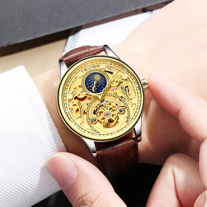 Tevise кожаные механические Автоматические часы для мужчин бизнес Tourbillon Moon Phase Skeleton