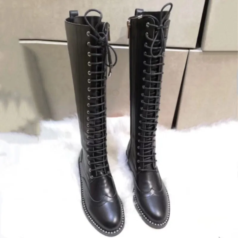 The latest fashion knee-high shoes round head rhinestone side zipper flat boots women's fashion motorcycle ladies thigh boots