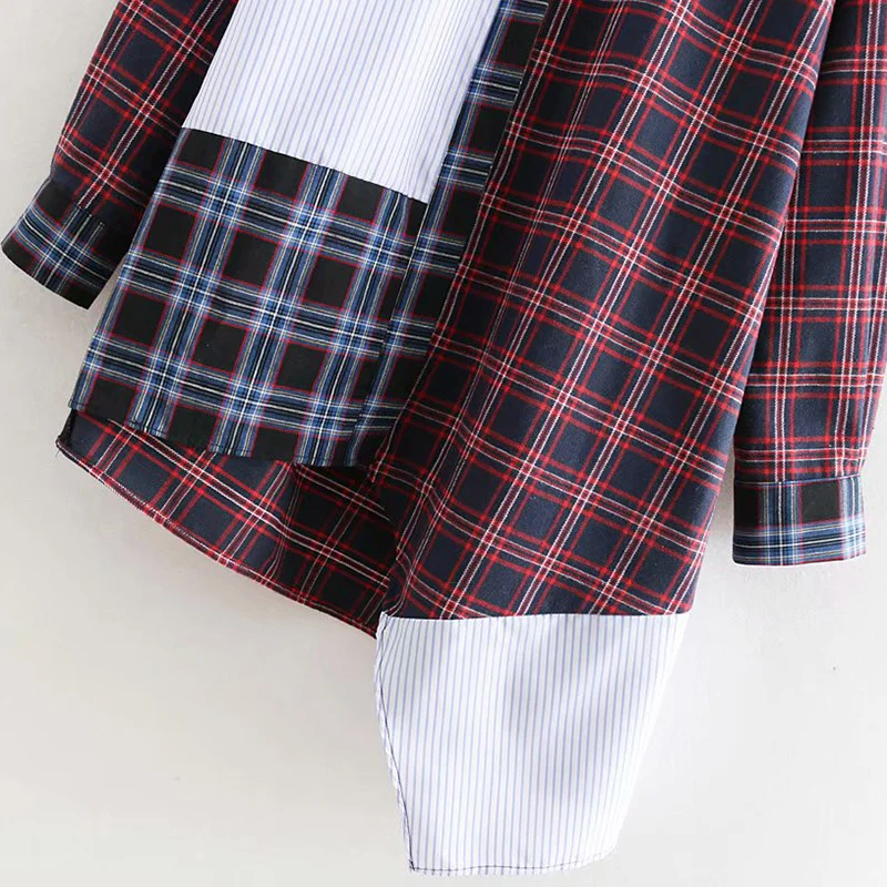 Wonder 2018 new autumn Vintage Plaid Patchwork Asymmetric Loose Tops Blouses Lapel Collar Long Sleeve Shirts Casual Blusas Mujer | Женская