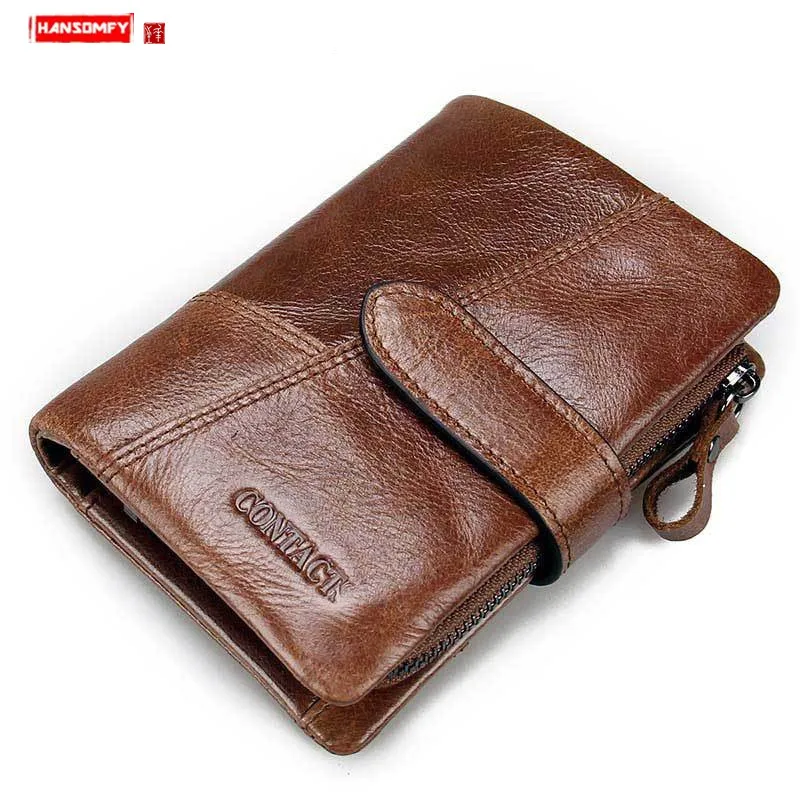 

Men's Wallet Zipper Buckle Stitching Clutch Bag Card Holder Coin Purses Male Short Wallets Tri-fold Genuine Leather Cow Leather