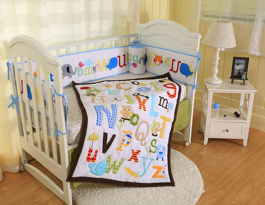 Ensemble De Literie Pour Bebe 7 Pieces Animaux Alphabet Drap De Protection Jupe De Berceau Pour Garcon