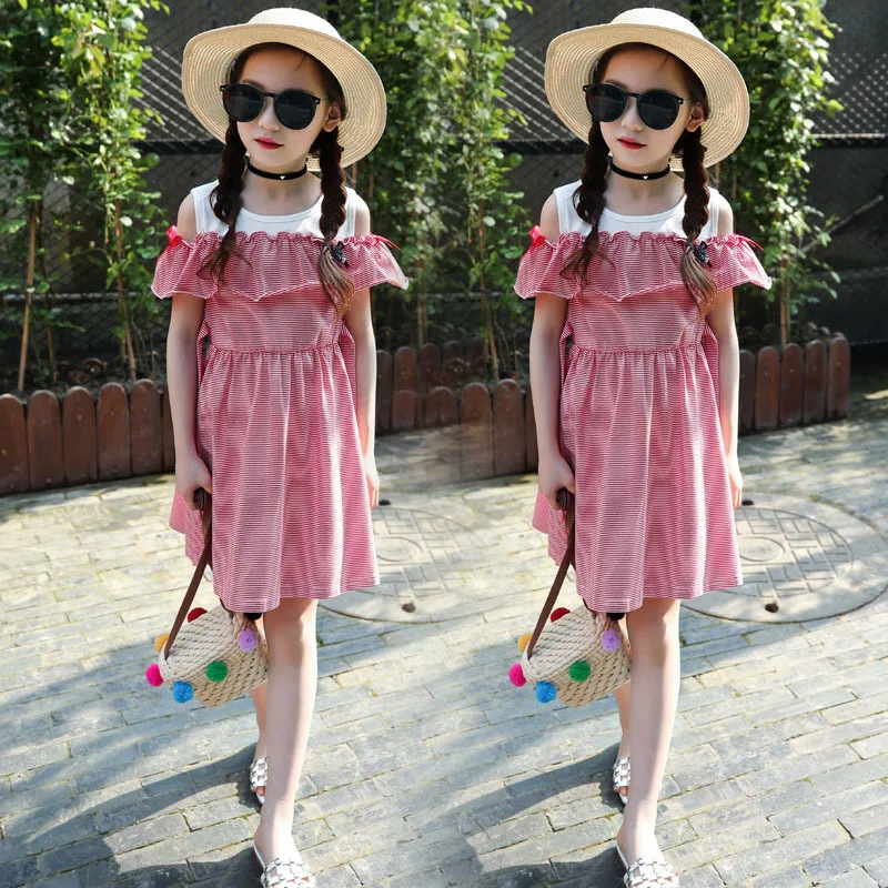 striped patchwork little baby girl dress summer 2018 ruffles off shoulder cotton children dresses princess clothing |