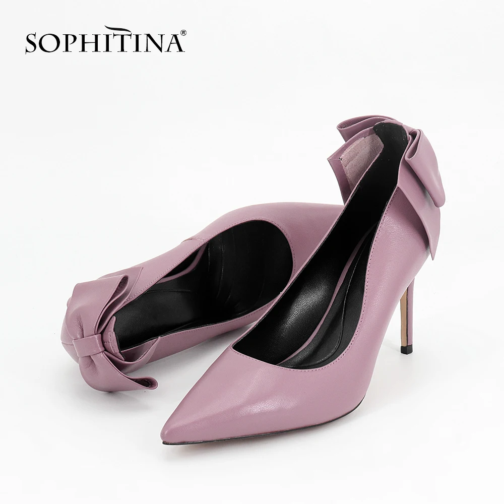 SOPHITINA/брендовые туфли-лодочки с острым носком Элегантные Фиолетовые женские туфли на высоком тонком каблуке 9 см новые женские туфли-лодочки из овечьей кожи с бантом-бабочкой MC44