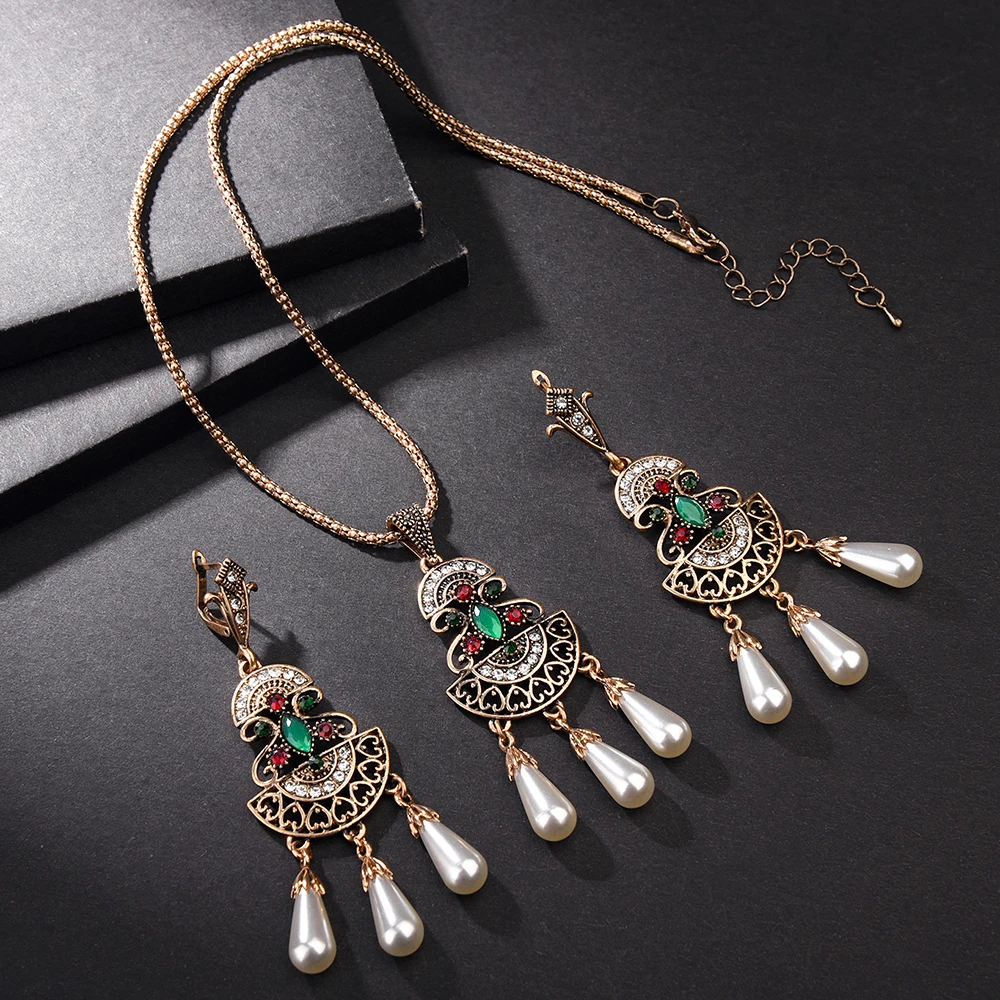 Vintage Ethnic Imitation giada Crystal Geometric Pearls Necklace Sets Drop Earring and Set for Women Bridesmaid Wedding | Украшения и