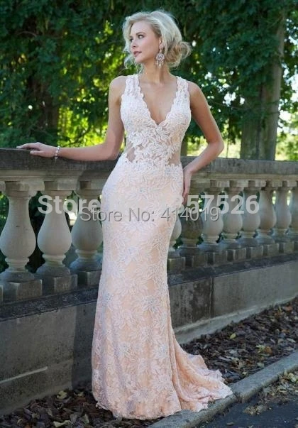 Abendkleider Top Fashion 2015 Vintage Prom Dresses Sexy Sheath V Neck Court Train Lace Applique Sheer Back Evening Ss53_bridalk | Свадьбы и