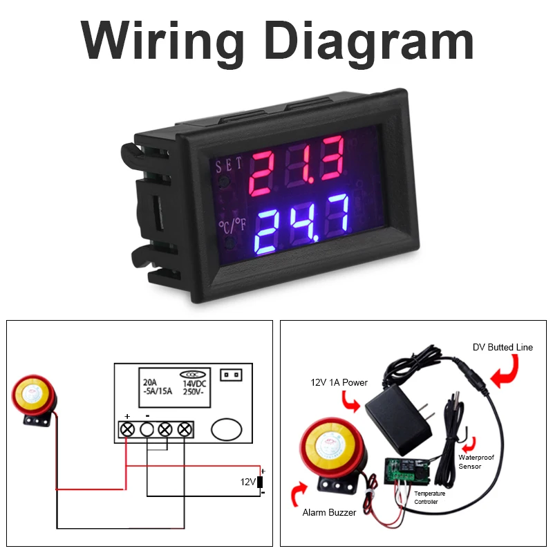 

1209WK Dual Digital Mini Temperature Controller DC12V 20A Microcomputer Thermostat Thermometer Regulator -50-110C