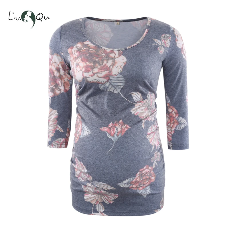 Блузка для беременных Одежда Топ с рукавом 3/4 и рюшами сбоку розовый зеленый топ