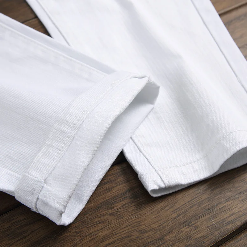

Mens White Jeans Fashion Ins Style Embroidered Printed Cotton Slim Fit Denim Pants European American Hip Hop Street Trousers