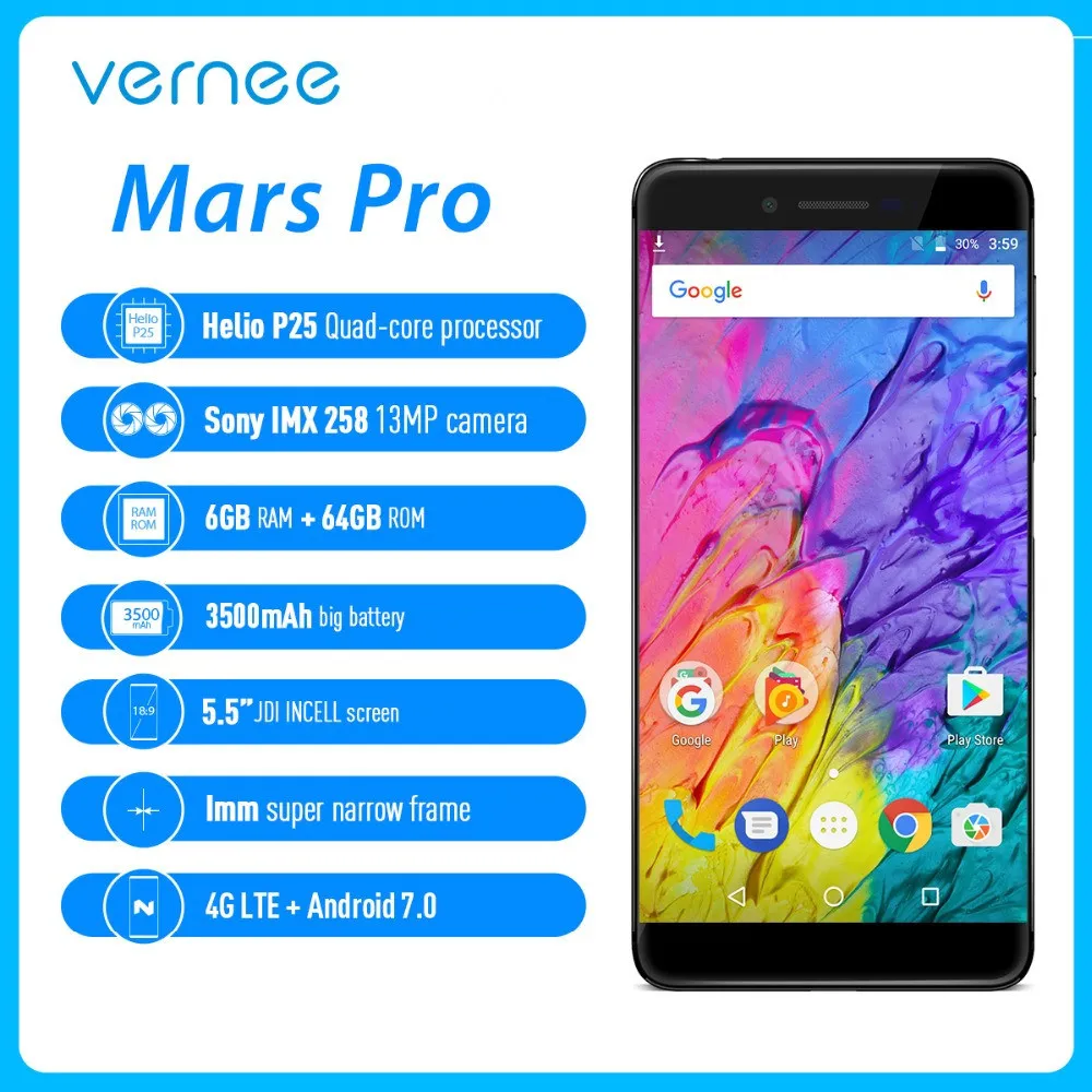 Vernee Mars Pro 5 &quotFHD Дисплей 6 ГБ 4G B LTE Мобильного Телефона MT6757T Octa Core 3500 mAh Android7.0 OTG 13MP