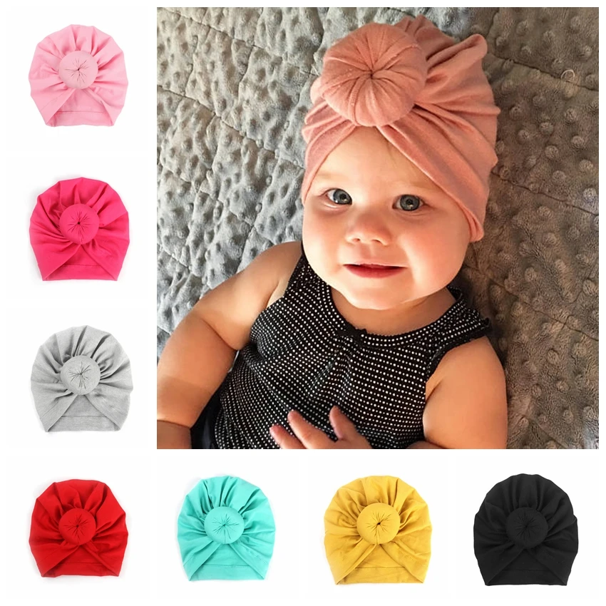 

Yundfly Baby Turban Hat with Knot Round Ball Caps Cotton Blend Newborn Beanie Kids Photo Props Shower Gift