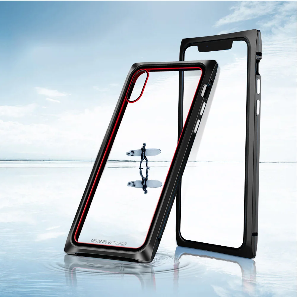Magnetic Adsorption Phone Case for iPhone X 7 8 Plus Square Transparent Clear Tempered Glass Magnet Back Metal Frame Funda |