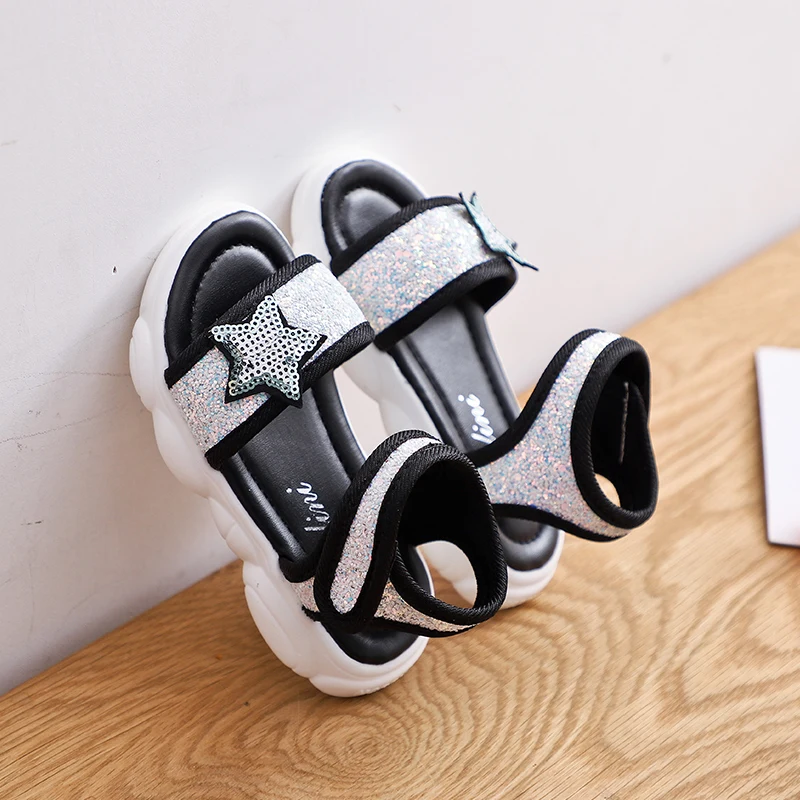 Детская обувь Новинка лета 2019 детская с блестками и звездами модные сандалии для