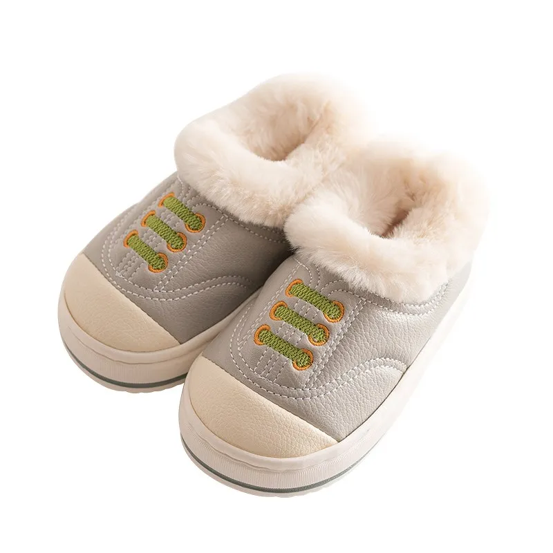 Серый BeckyWalk/детские тапочки; детская хлопковая зимняя домашняя обувь из искусственной кожи; теплые Нескользящие домашние тапочки для маленьких мальчиков и девочек; CSH697 - Цвет: Серый
