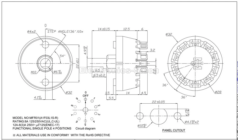 SP6T 8A/250V 1 полюс 6 способ поворотный переключатель с ручкой. | Электронные