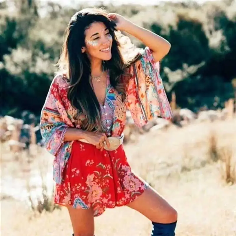 BOHO Вдохновленный комбинезон женский летний v образный Вырез Пояс кимоно