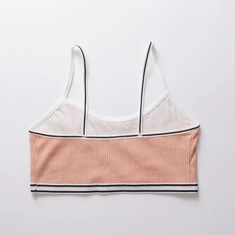 

Teenage Puberty Girl Sweet Candy Color Sport Training Bra Underwear Striped Patchwork Thread Ribbed Wireless Bralette Vest 8-16T