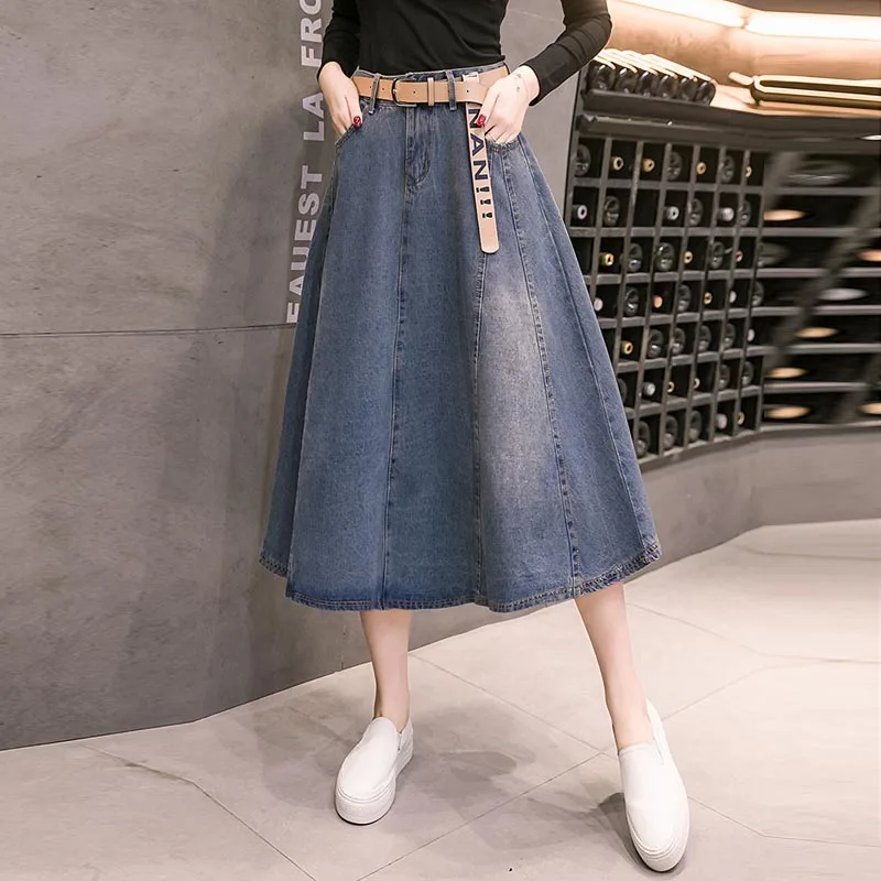 Faldas mujer moda Осенняя модная женская длинная Повседневная джинсовая юбка плюс размер Макси трапециевидная юбка винтажная Джинсовая юбка миди