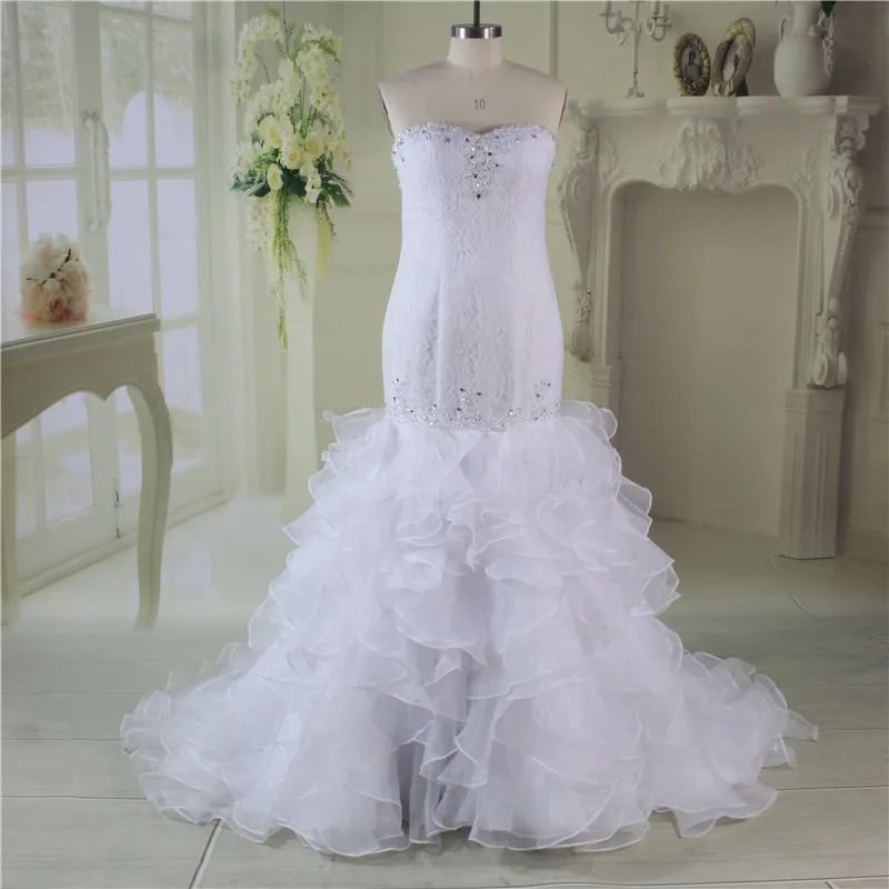 Fashion White Vestido de Noiva Organza Tiered Ruffles Mermaid Wedding Dress 2019 Lace Formal Bridal Gown robe mariee | Свадьбы и